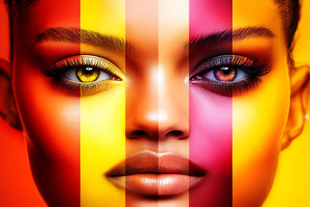 Close-up portrait of a beautiful african american woman with creative make-up. Multicolored background.の素材