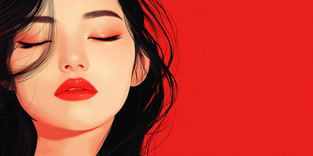 Portrait of a beautiful asian woman with red lips and long hairの素材