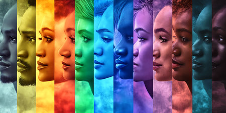 Double exposure of a group of multiethnic women with different skin colorsの素材