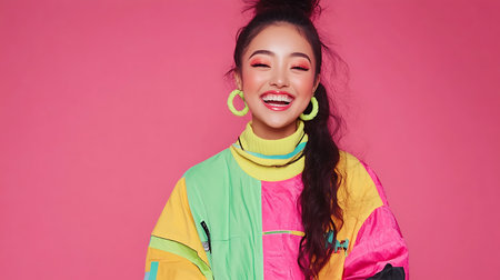 Portrait of a beautiful asian woman with bright makeup in colorful clothesの素材