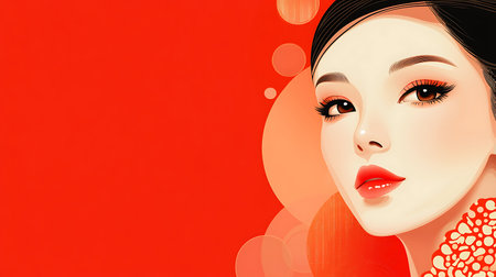 Portrait of beautiful asian woman with red lips on red backgroundの素材
