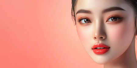 Beautiful asian woman with red lips on pink background, 3d renderingの素材