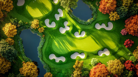 Top view of green golf course with trees and bushes. 3D renderingの素材