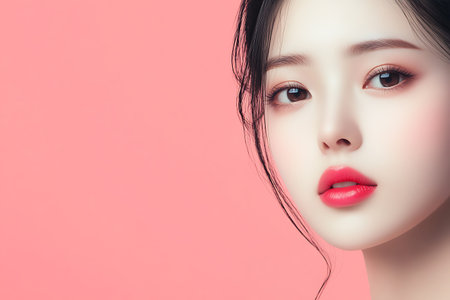 Beautiful asian woman with clean fresh skin on pink background.の素材