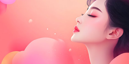 Beautiful asian woman face with pink background. 3d renderingの素材