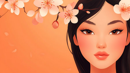 Beautiful asian woman with cherry blossom. Vector illustration.の素材