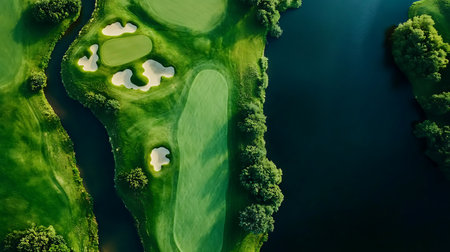 Aerial view of green golf course with beautiful lake and forest.の素材