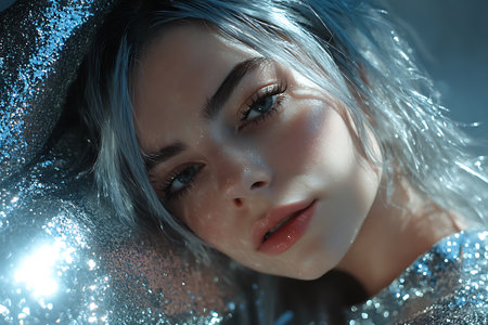 Portrait of a beautiful young woman with blue eyes and shiny makeupの素材