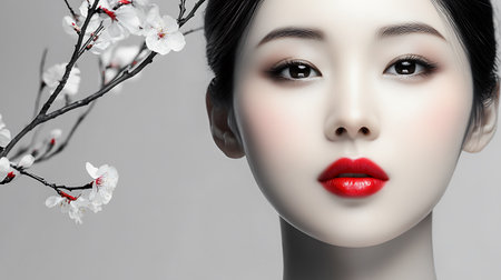 Beautiful asian woman with spring cherry blossom and red lipsの素材