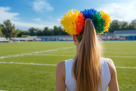 Back view of a cheerleader with pompoms on her head standing on the football fieldの素材