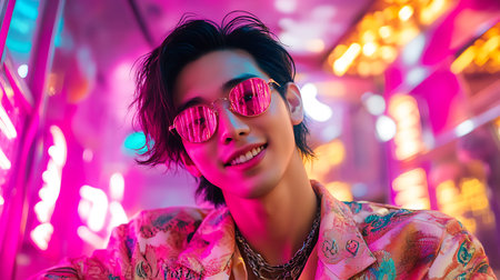 Portrait of a young Asian man in pink sunglasses in a night club.の素材