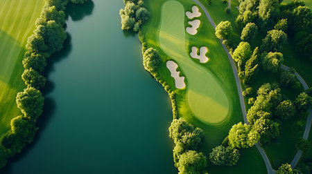 Aerial view of beautiful green golf course with trees and lake.の素材