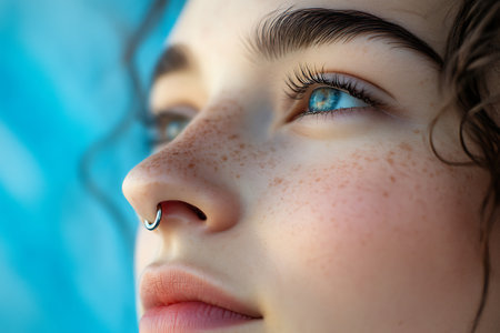 Closeup portrait of a beautiful girl with freckles and blue eyesの素材