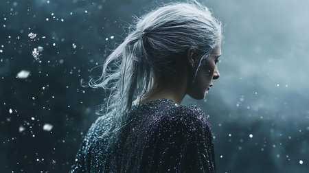 Beautiful young woman in a dark forest with snowflakes.の素材