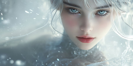 Beautiful girl with blue eyes and white curly hair. Close-up portrait.の素材