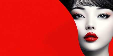 Portrait of a beautiful young woman with red lips. Red background.の素材