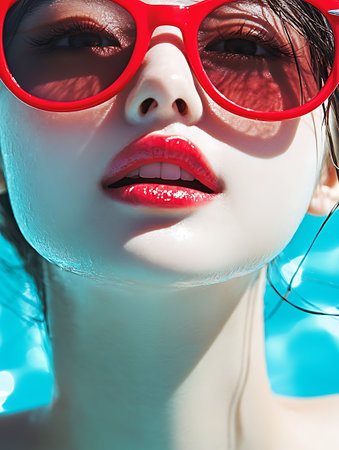 Fashion portrait of beautiful young woman in red sunglasses in swimming poolの素材