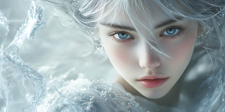 Beautiful girl with blue eyes and white hair in a white veil.の素材