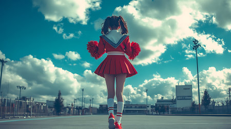 Beautiful cheerleader girl in red uniform with pompoms on the streetの素材