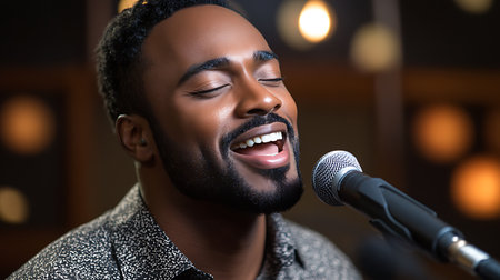 african american man singing in karaoke at night clubの素材