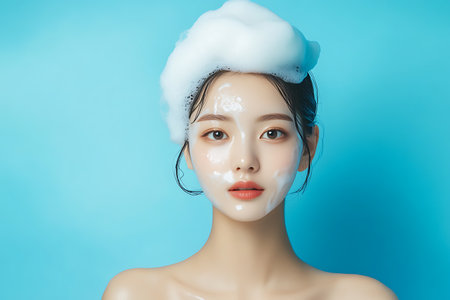 young pretty asian woman taking bath with soap foam on face isolated on blue backgroundの素材