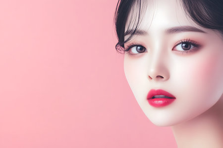 Beautiful asian woman face close up. Portrait of asian girl model on pink background.の素材