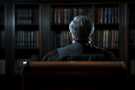 Lawyer sitting in a courtroom or law enforcement office. Law and justice concept.の素材