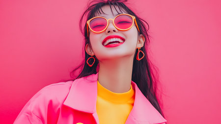 Fashion portrait of young beautiful asian woman in pink coat and sunglasses on pink backgroundの素材