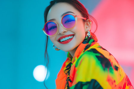 Portrait of a beautiful young asian woman in colorful clothes.の素材