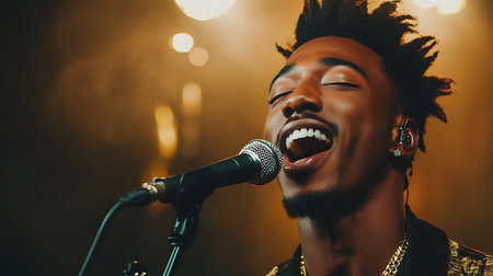 Close up portrait of african american man singing on stage.の素材