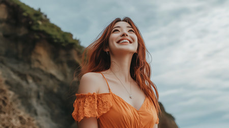 cheerful girl in orange dress standing on cliff and looking awayの素材
