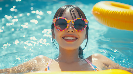 Portrait of beautiful asian woman relaxing in swimming pool on summer vacationの素材