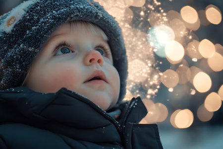 Cute little boy in winter clothes with bokeh background.の素材