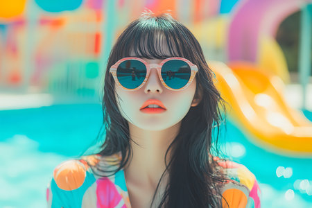 Portrait of beautiful young asian woman in swimming pool at hotel resortの素材