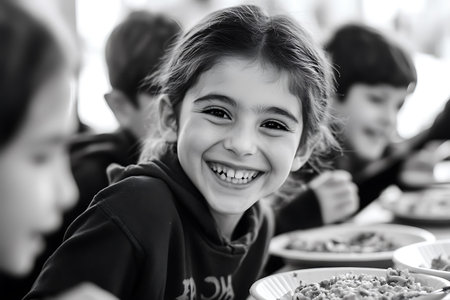 Little Girl Enjoying Meal In School Classroom. Black and Whiteの素材