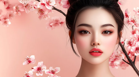 Beautiful asian woman with sakura blossom on pink backgroundの素材