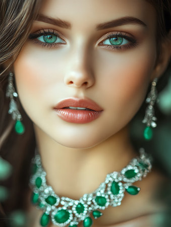 Portrait of beautiful young woman with green eyes. Jewelry.の素材