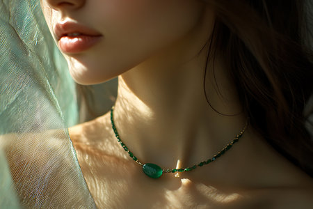 Fashionable portrait of young beautiful woman with green beads on her neckの素材