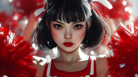 3d illustration of a beautiful cheerleader girl with red pompomsの素材