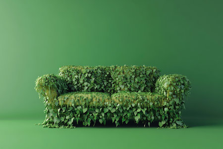 Green sofa with ivy on green background. 3D rendering.の素材