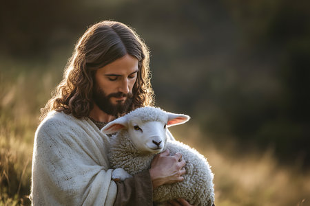 Handsome young man with long curly hair and beard, dressed in a white knitted sweater, holding a lamb in the field.の素材