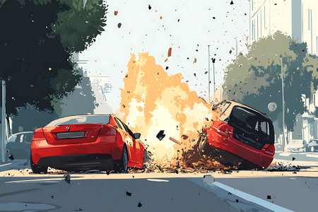Car accident on the road. Fire in the city. Vector illustrationの素材