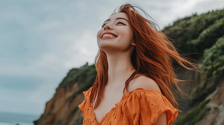 Portrait of a beautiful young asian woman with red hair in orange dress posing on the beach.の素材