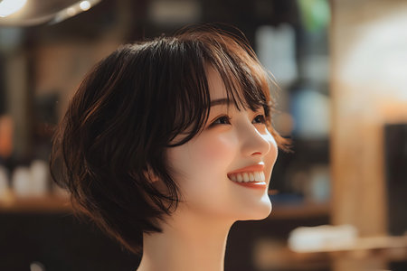 portrait of beautiful asian woman with short hair in coffee shopの素材