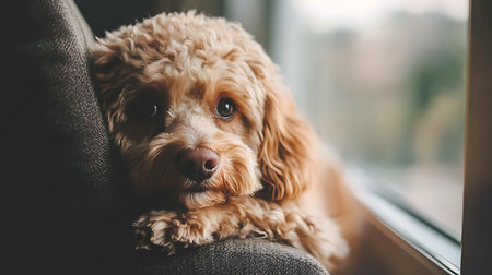 Cute poodle sitting on the window sill in the morning.の素材