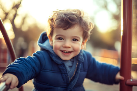 Portrait of a cute little boy on the playground at sunset.の素材