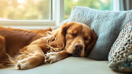 Cute dog sleeping on sofa at home. Pet care concept.の素材