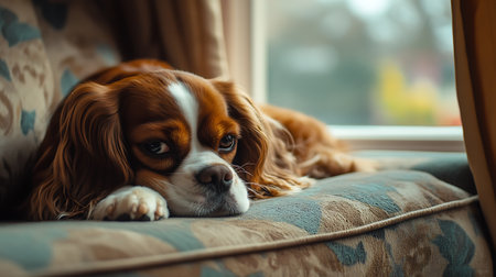 Cavalier King Charles Spaniel dog lying on the sofa at homeの素材