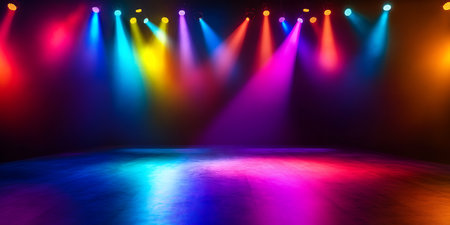 Colorful stage background with lights and spotlights, 3d renderの素材