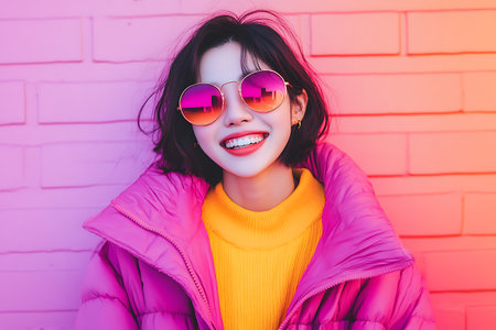 young pretty asian woman in pink jacket on pink brick wall background, lifestyle people conceptの素材